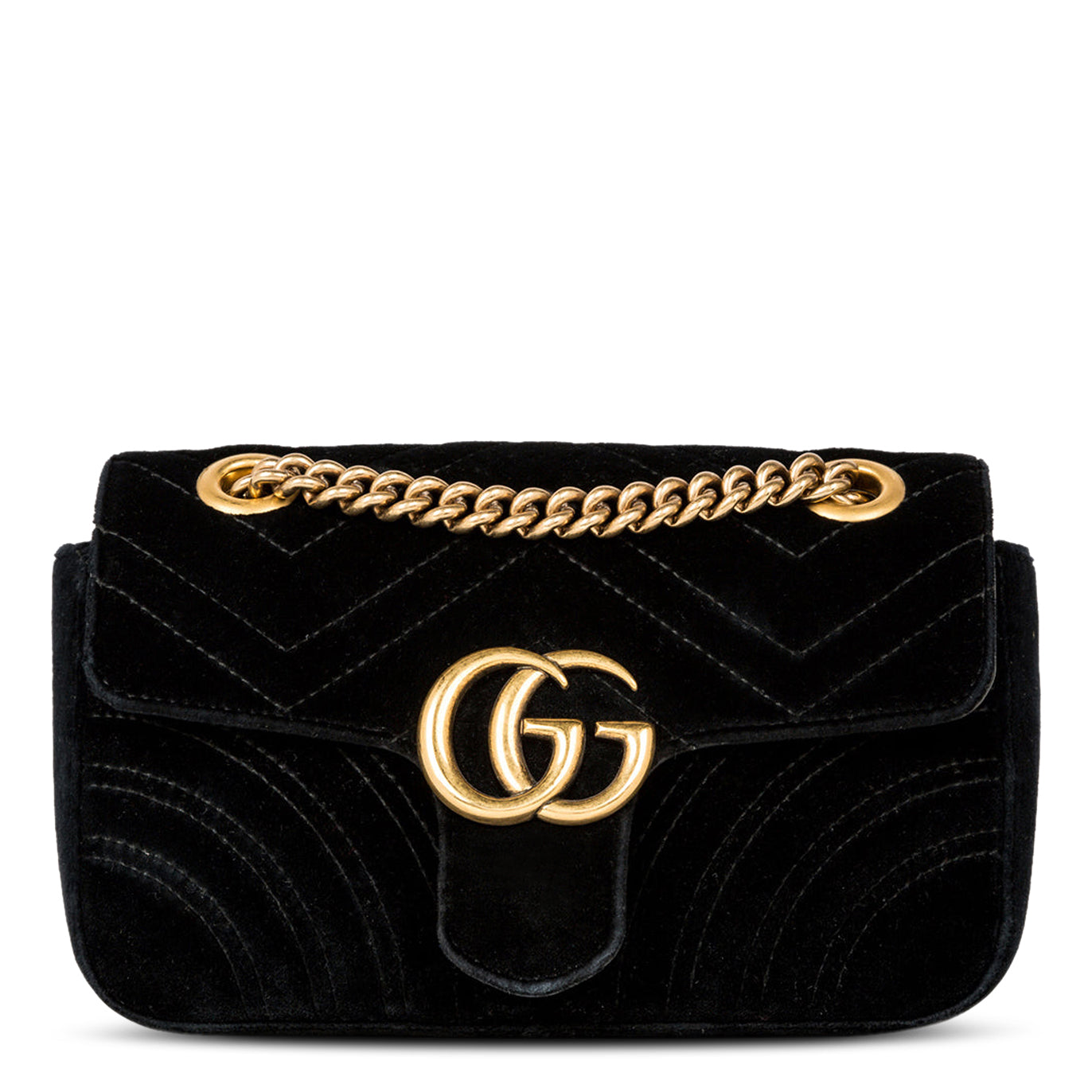 Front view of Gucci GG Marmont Velvet Black Shoulder Bag